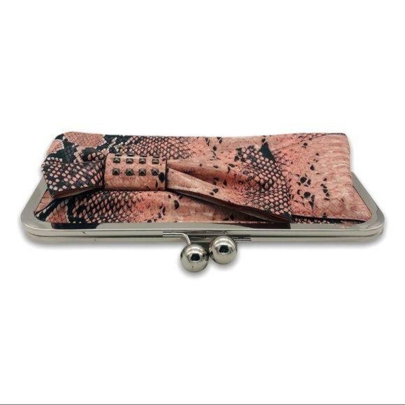 Embossed Snakeskin Faux Leather Clutch Set Pink Card Holder Key Fob Set of 3 - Picture 8 of 13